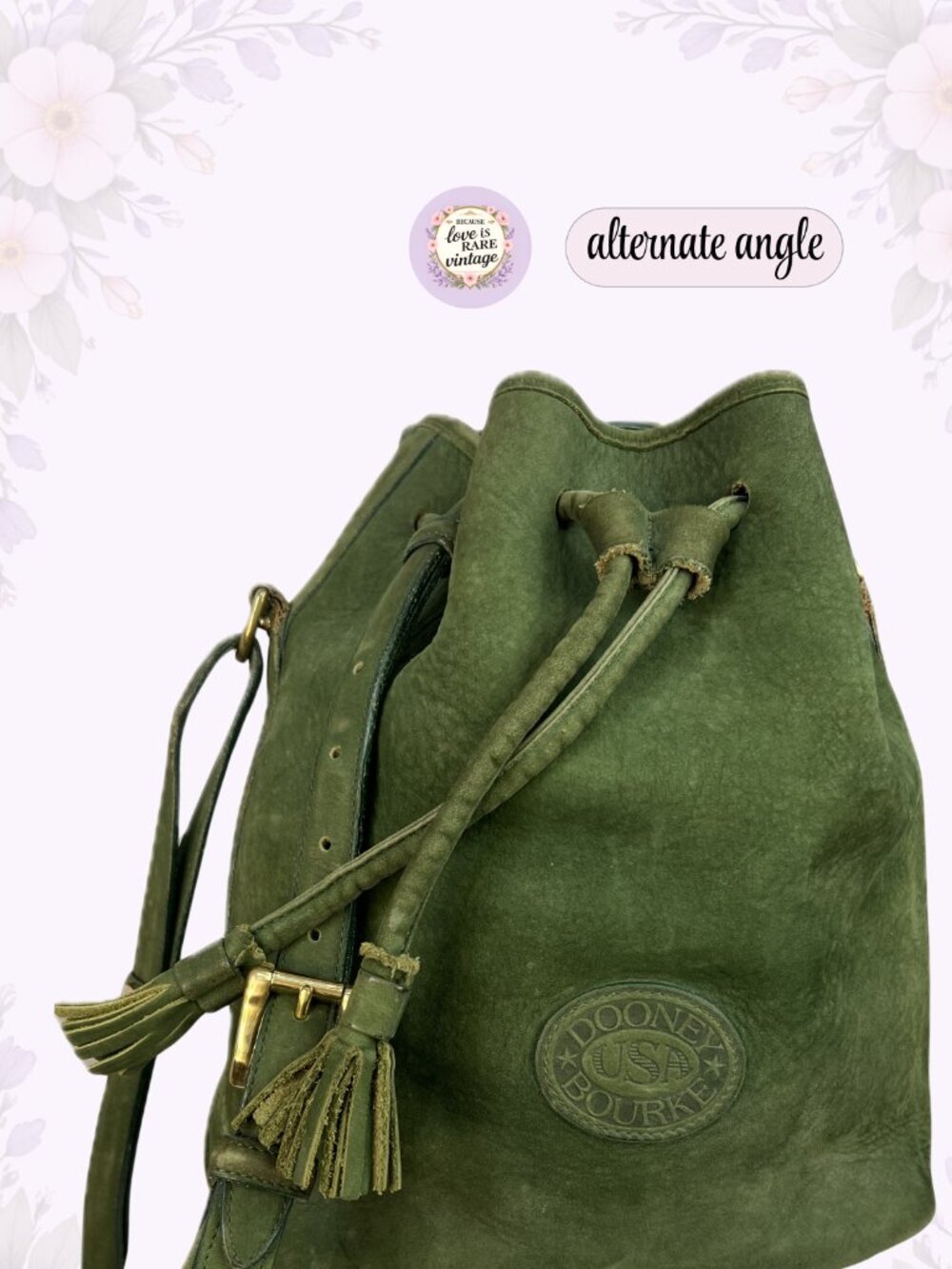 Vintage Dooney & Bourke Leather Bucket Bag • 1990s Green Suede Drawstring Purse - Picture 4 of 15